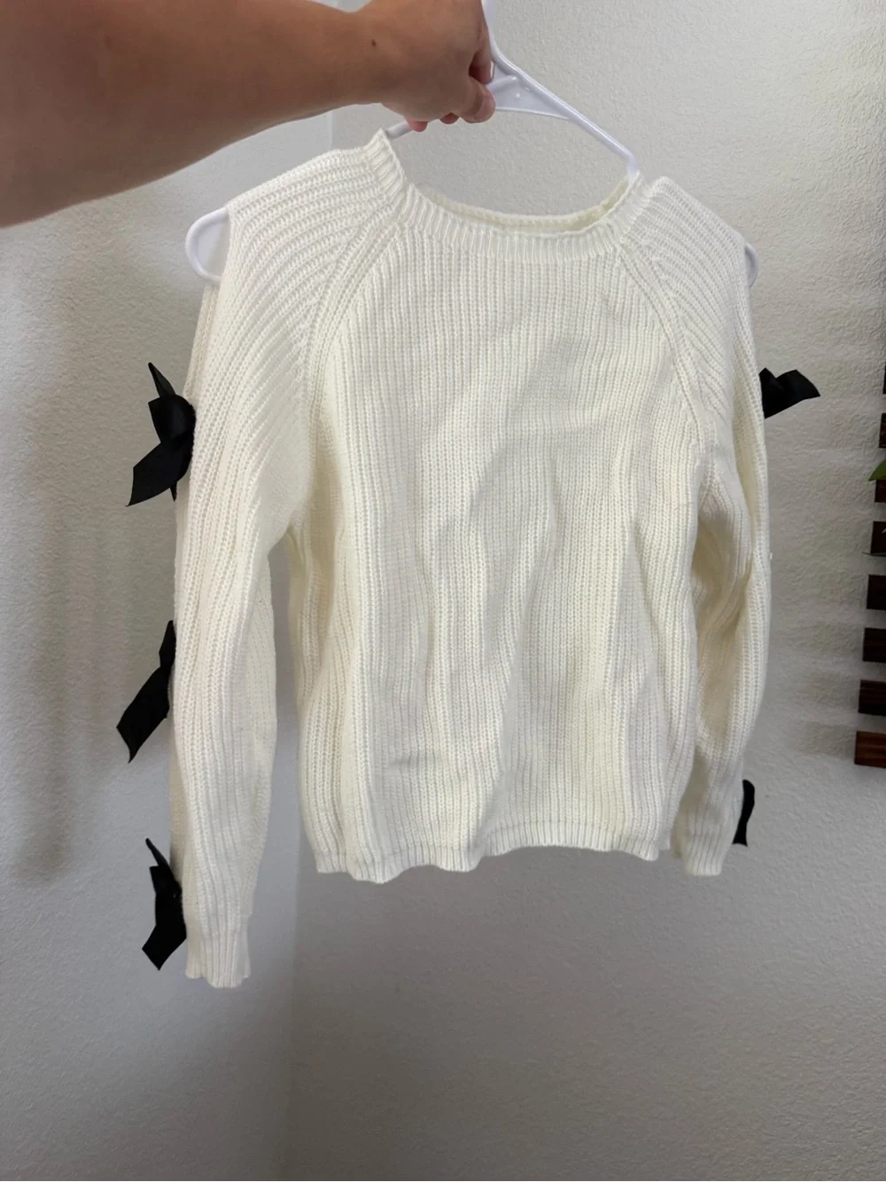 SHEIN Cream Ribbed Sweater with Black Ribbon Bow Sleeves